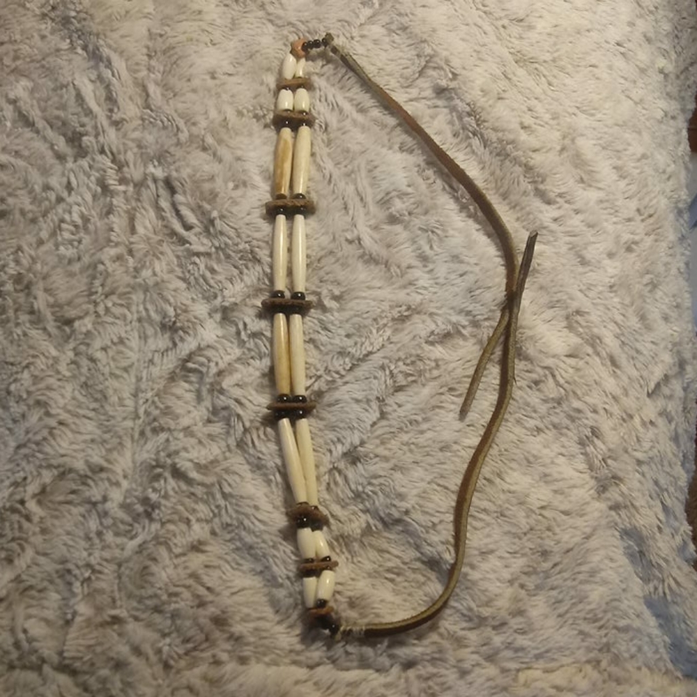 Bone / Black beaded Leather Strap Necklace